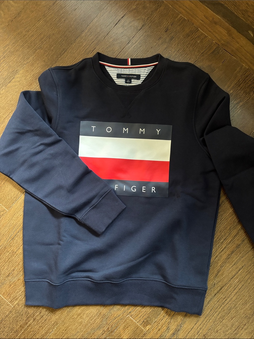 Tommy Hilfiger Navy Crewneck Sweatshirt with Red and White Logo Panel